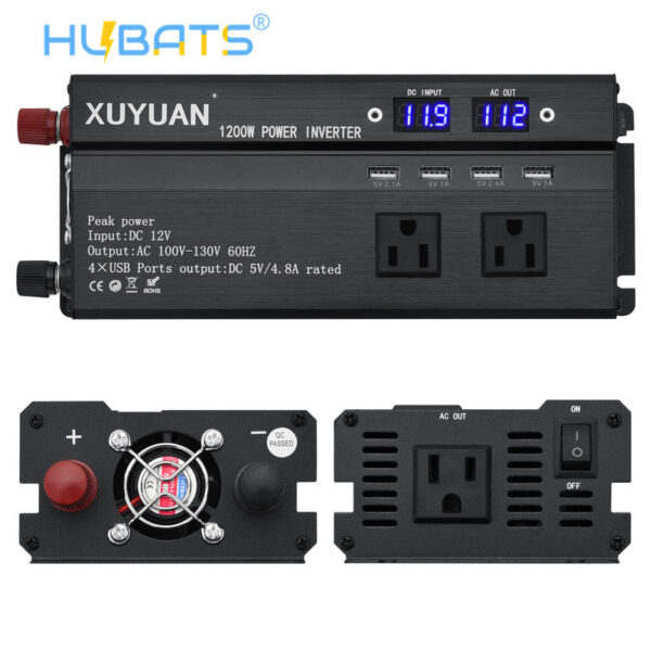 SDL1200B1 US 1200W Car Power Inverter DC 12V/24V To AC 110V 3 AC Outlets Car Charger 4 USB Port - Image 1